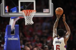 April 22, 2015; Los Angeles, CA, USA; Los Angeles Clippers center DeAndre Jordan (6) shoots a free throw basket against the San Antonio Spurs during the second half in game two of the first round of the NBA Playoffs. at Staples Center. Mandatory Credit: Gary A. Vasquez-USA TODAY Sports