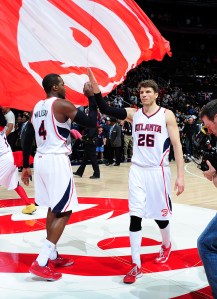 ATLANTA, GA - JANUARY 30: Paul Millsap #4 and Kyle Korver #26 of the Atlanta Hawks celebrate after the game against the Portland Trail Blazers on January 30, 2015 at Philips Arena in Atlanta, Georgia. NOTE TO USER: User expressly acknowledges and agrees that, by downloading and/or using this Photograph, user is consenting to the terms and conditions of the Getty Images License Agreement. Mandatory Copyright Notice: Copyright 2015 NBAE (Photo by Scott Cunningham/NBAE via Getty Images)